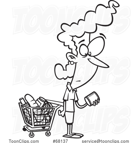 Black and White Cartoon Lady Shopping and Reading Food Nutrition Labels