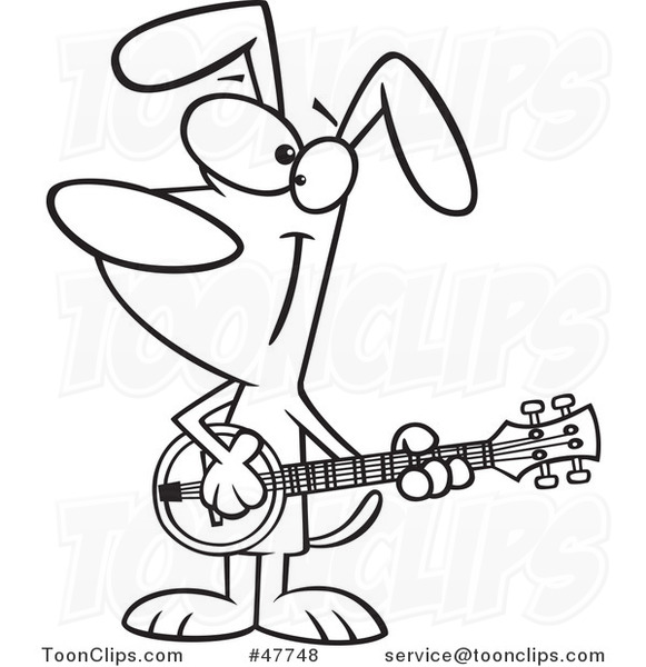 Black and White Cartoon Musician Dog Playing a Banjo