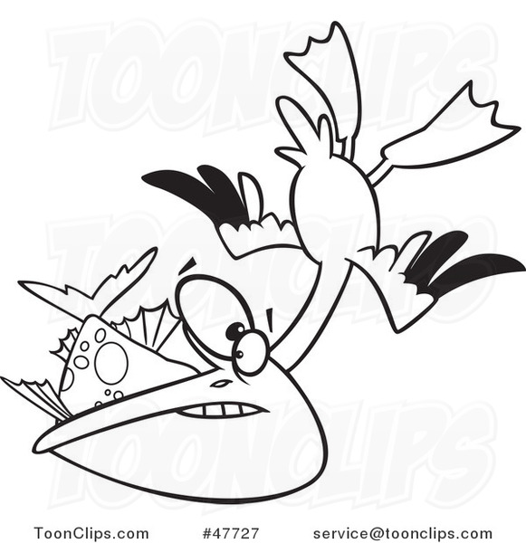 Black and White Cartoon Pelican Swooping up a Fish
