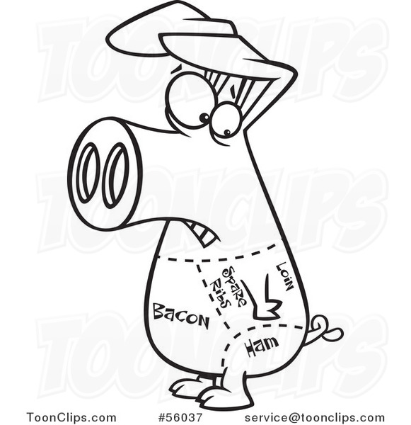 Black and White Cartoon Pig with Drawn Cut Lines
