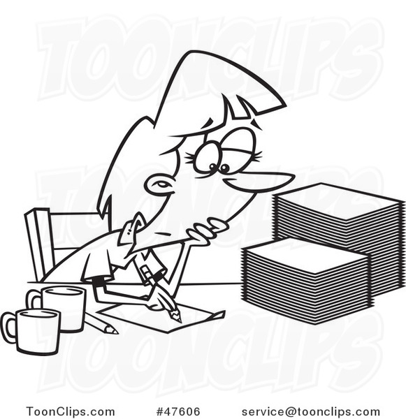 Black and White Cartoon Tired Lady Grading or Marking Papers