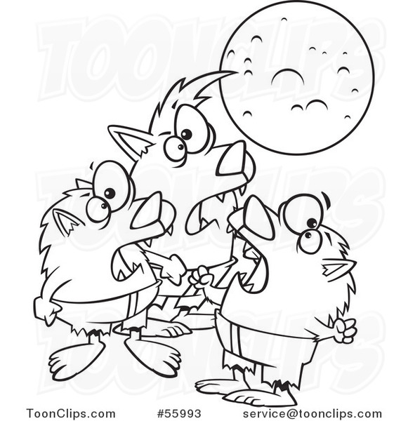 Black and White Cartoon Trio of Werewolves Howling at a Full Moon