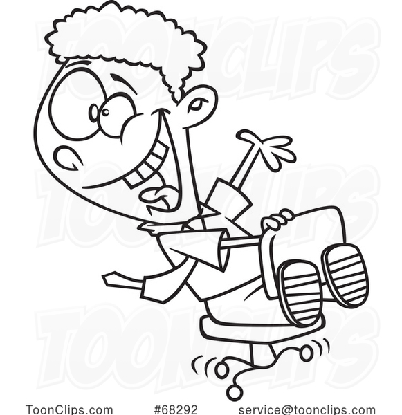 Black and White Cartoon Young Business Man Playing on an Office Chair