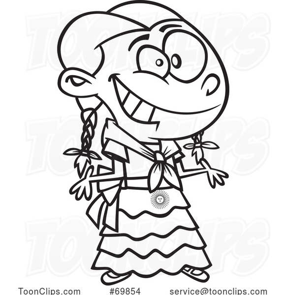 Black and White Outline Cartoon Argentine Girl