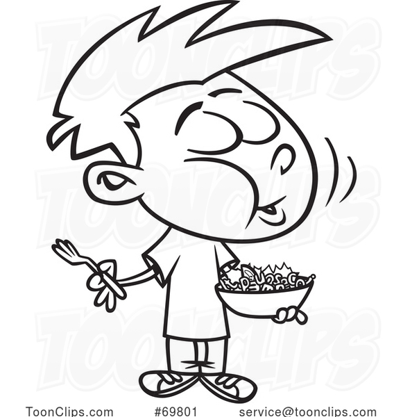 Black and White Outline Cartoon Boy Eating a Word Salad