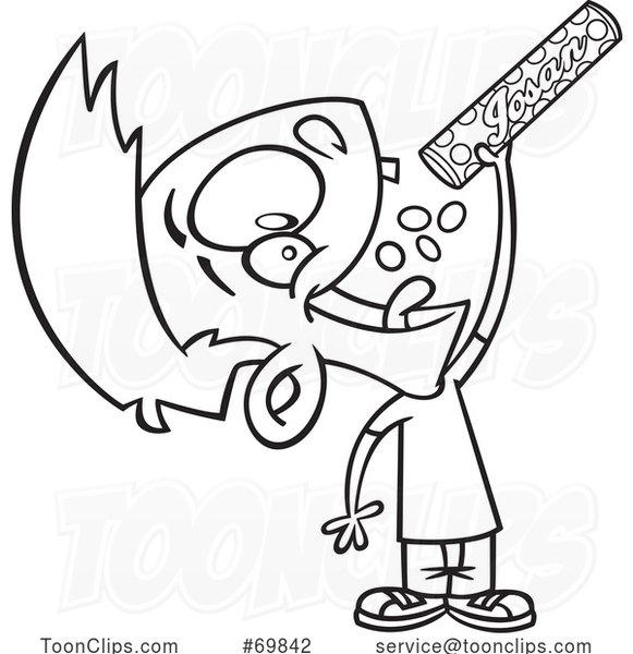 Black and White Outline Cartoon Boy Pouring Candy in His Mouth