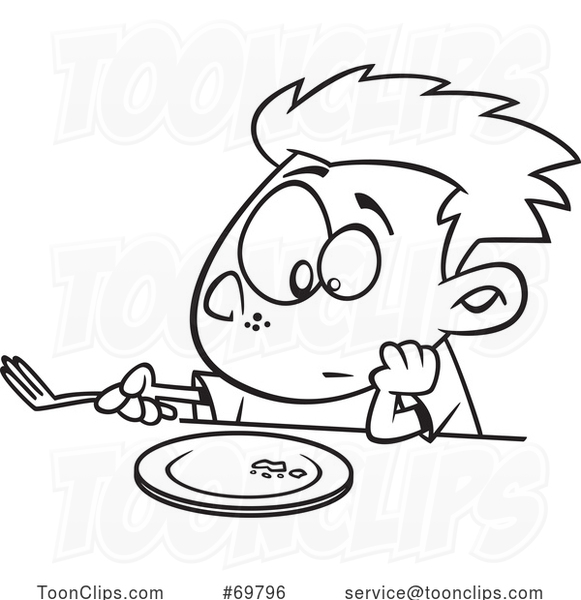 Black and White Outline Cartoon Boy Staring at the Last Bite of Food on His Plate