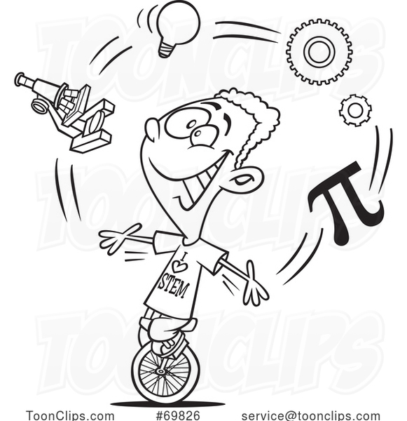 Black and White Outline Cartoon Boy with STEM Icons