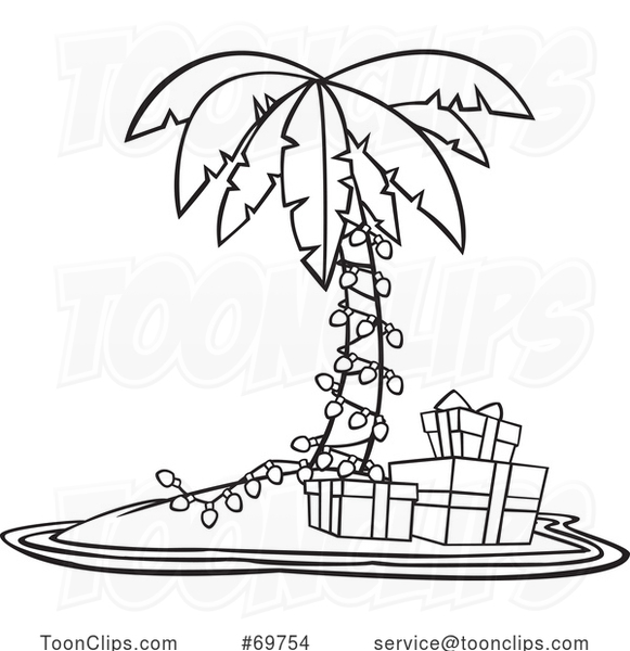 Black and White Outline Cartoon Christmas Island with a Palm Tree and Gifts