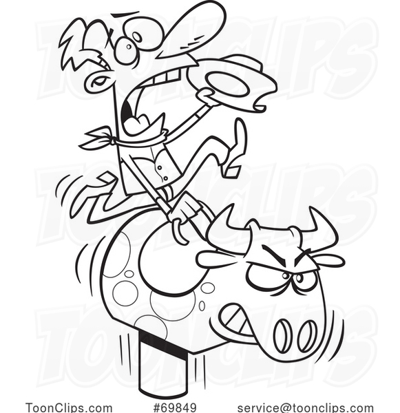 Black and White Outline Cartoon Cowboy Riding a Mechanical Bull