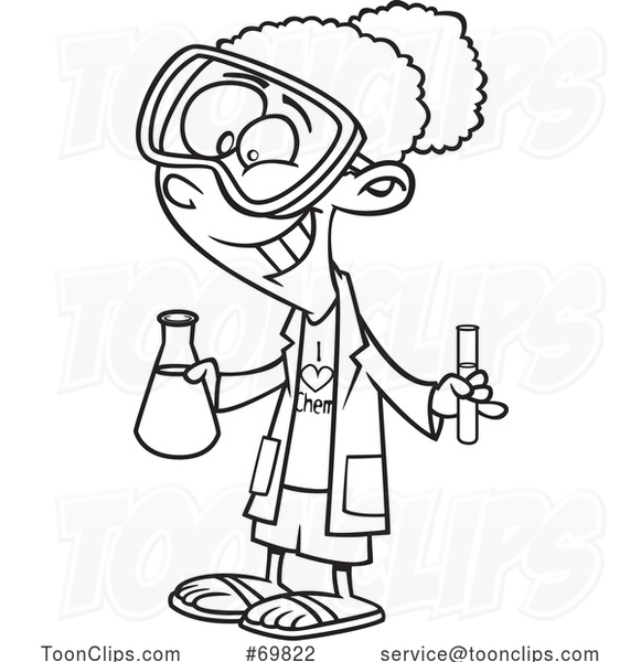 Black and White Outline Cartoon Girl Chemist
