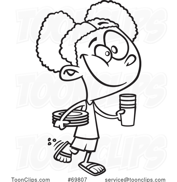 Black and White Outline Cartoon Girl Setting a Table