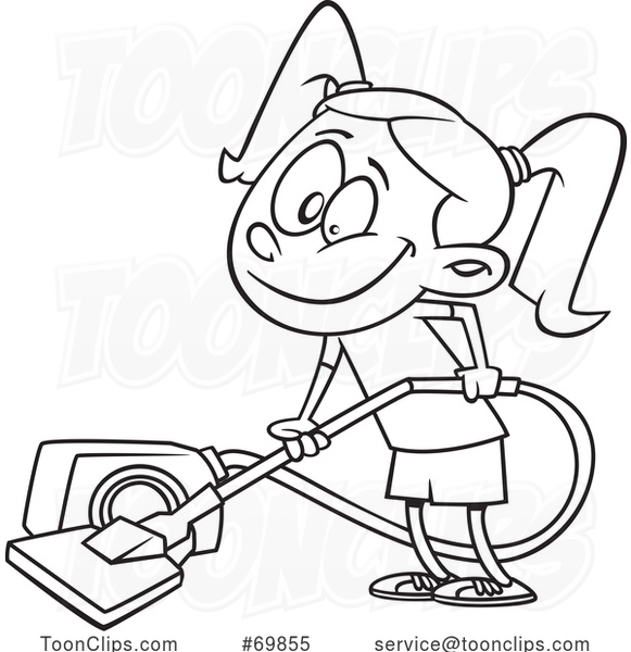 Black and White Outline Cartoon Girl Vacuuming