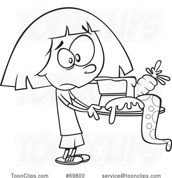 Black and White Outline Cartoon Girl with a Hodgepodge of Food