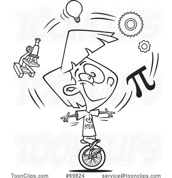 Black and White Outline Cartoon Girl with STEM Icons
