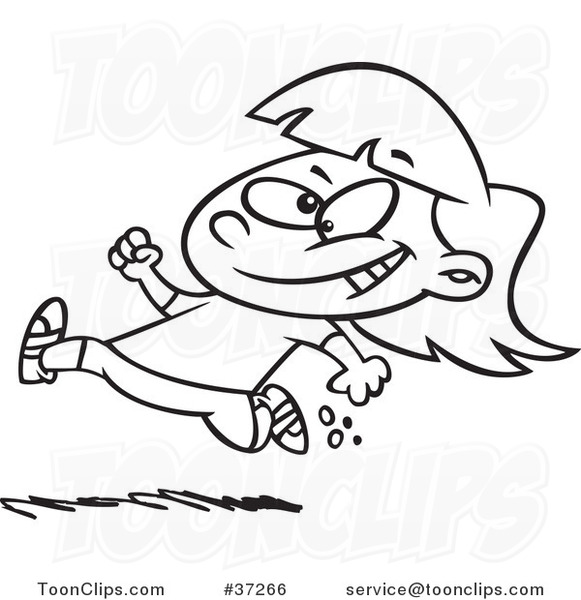 Black and White Outline Cartoon Little Girl Running