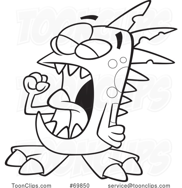 Black and White Outline Cartoon Monster Yawning