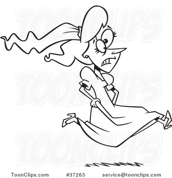 Black and White Outline Cartoon Runaway or Late Bride