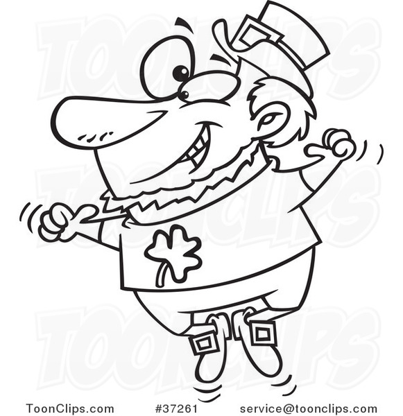 Black and White Outline Cartoon St Patricks Leprechaun Jumping up and down