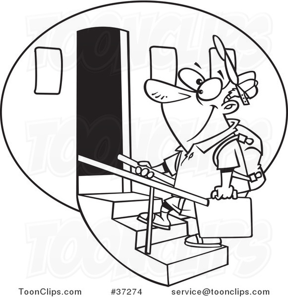Black and White Outline Cartoon Tourist Guy Boarding an Airplane