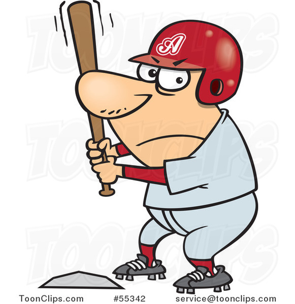 Cartoon Aggressive Baseball Player Batting at Home Base