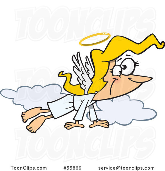 Cartoon Angel Lady Flying in the Clouds