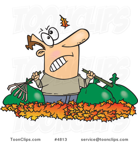 Cartoon Angry Guy Watching Another Leaf Fall on His Pile