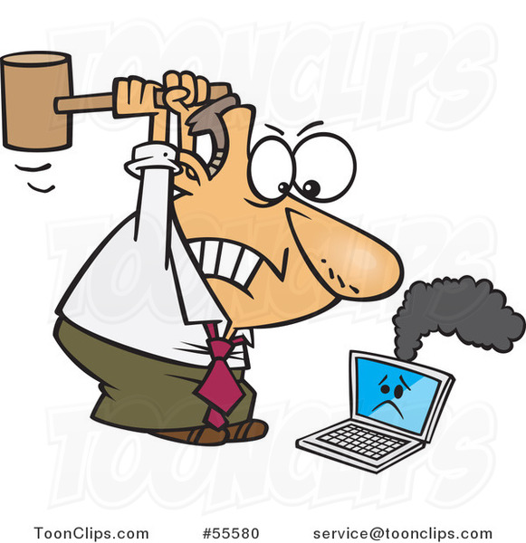 Cartoon Angry White Business Man Whacking a Broken Laptop with a Mallet