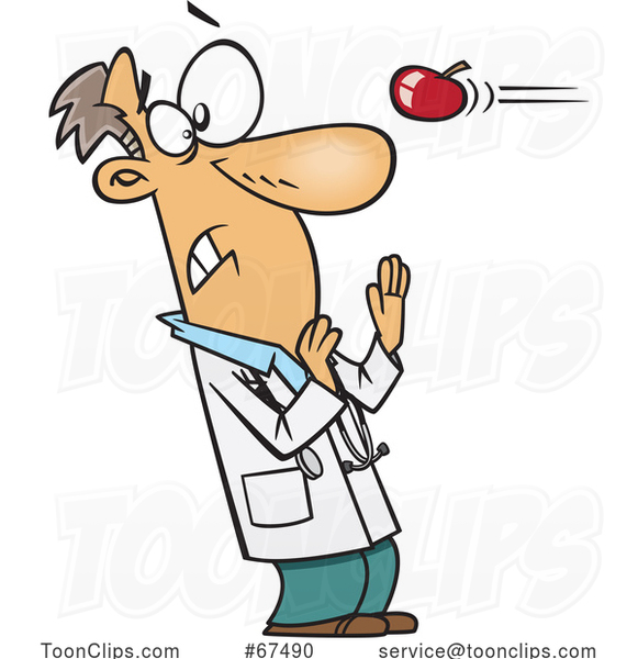Cartoon Apple Flying at a Doctor