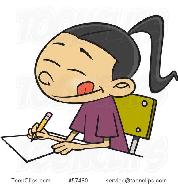 Cartoon Asian School Girl Writing an Essay