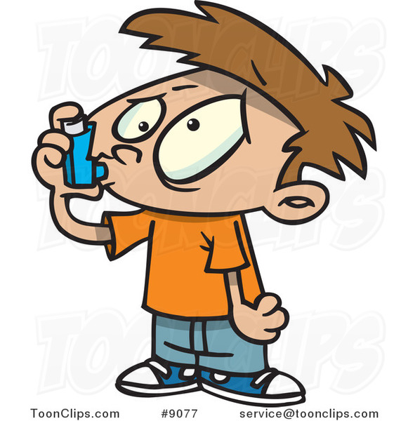 Cartoon Asthmatic Boy Using an Inhaler