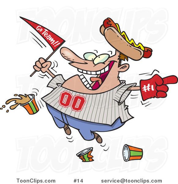 Cartoon Baseball Fan with a Hot Dog Hat, Flag, Hand and Drinks