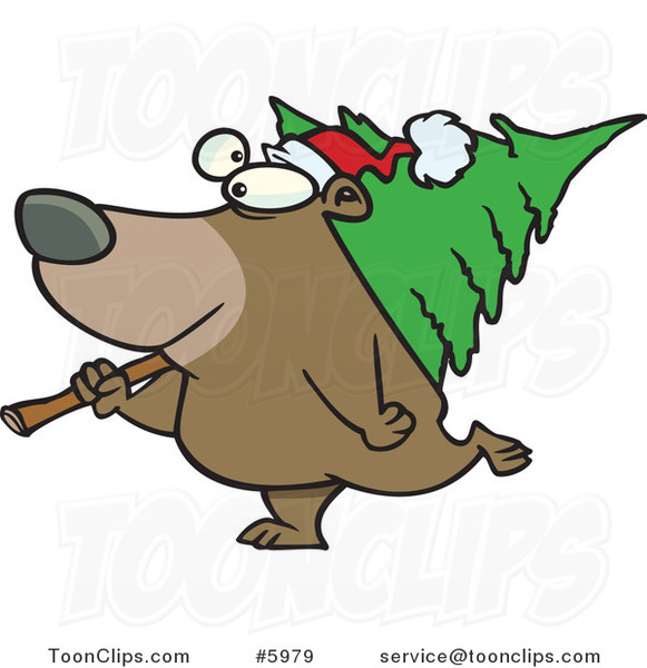 Cartoon Bear Carrying a Christmas Tree