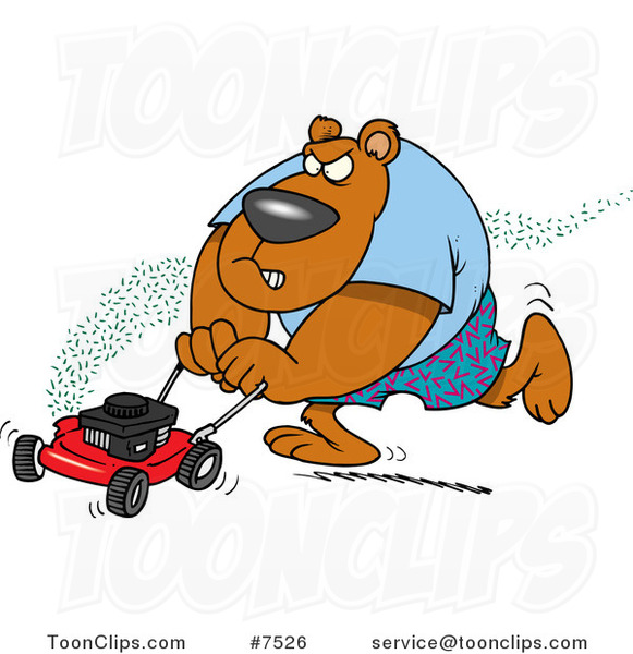 Cartoon Bear Mowing His Lawn