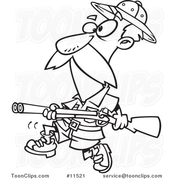 Cartoon Big Game Hunter with a Rifle Black and White Outline