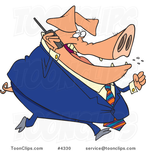 Cartoon Big Pig Business Man Talking on a Cell Phone