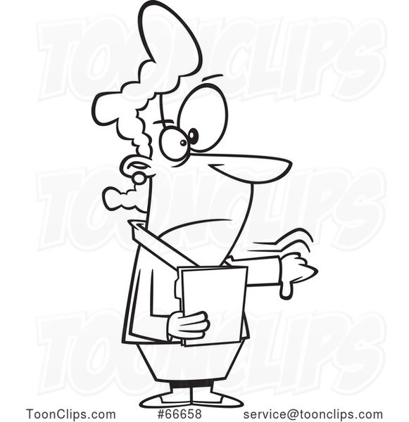 Cartoon Black and White Angry Boss Lady Holding a Folder and a Thumb down