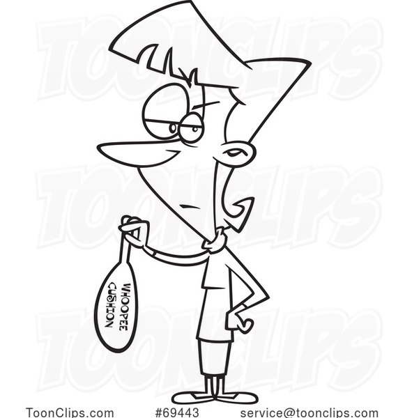Cartoon Black and White Annoyed Lady Holding a Whoopee Cushion