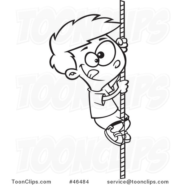 Cartoon Black and White Athletic Boy Climbing a Rope