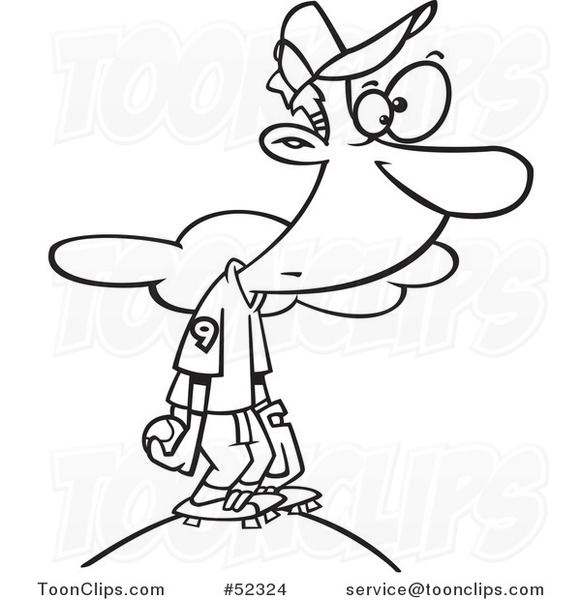Cartoon Black and White Baseball Player on the Pitchers Mound