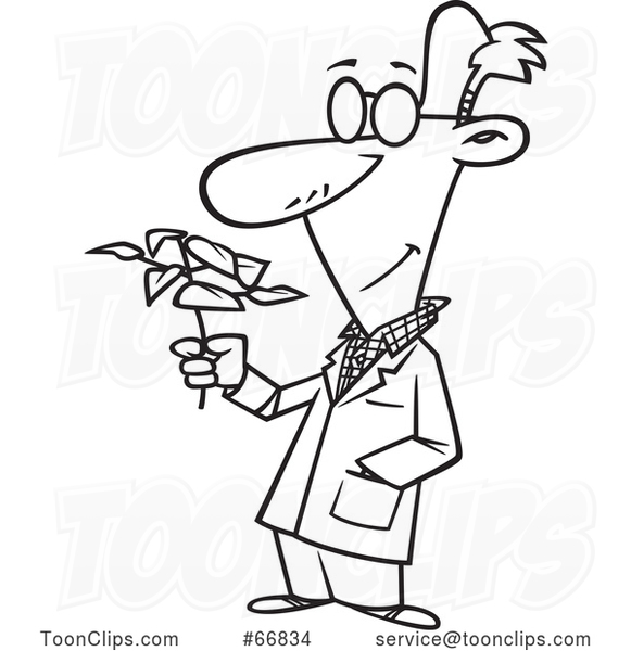Cartoon Black and White Biologist Holding a Plant