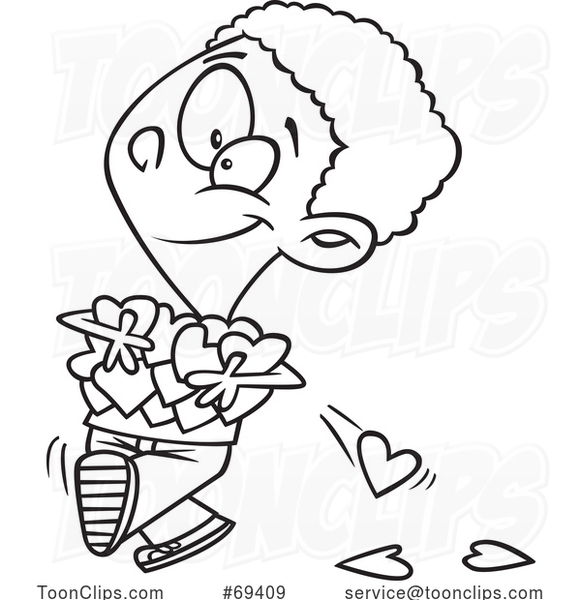 Cartoon Black and White Black Boy Holding an Armful of Valentines Day Love Hearts