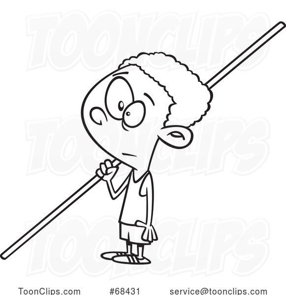 Cartoon Black and White Black Boy Pole Vaulter