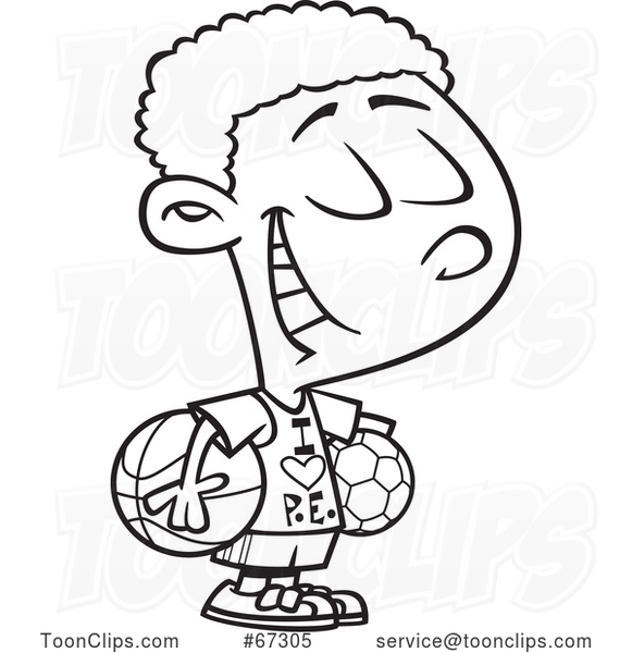 Cartoon Black and White Black Boy Wearing an I Love PE Shirt