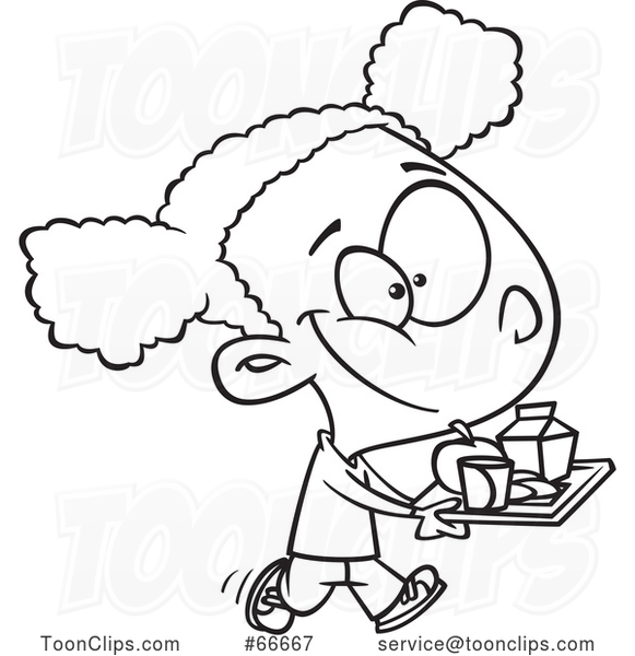 Cartoon Black and White Black Girl Carrying a Lunch Tray