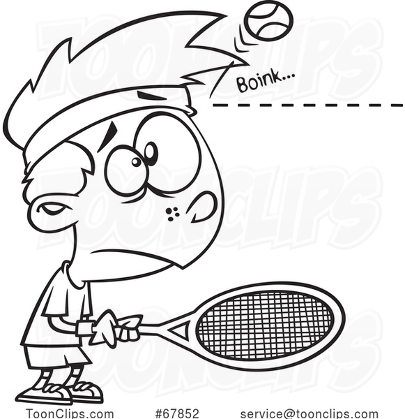 Cartoon Black and White Boy Being Bonked on the Head by a Tennis Ball