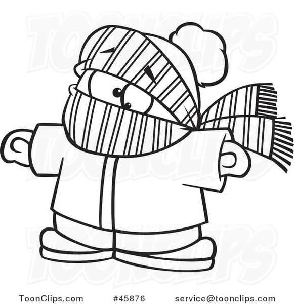 Cartoon Black and White Boy Bundled in Winter Apparel