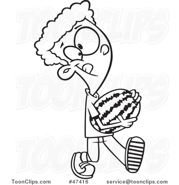 Cartoon Black and White Boy Carrying a Watermelon