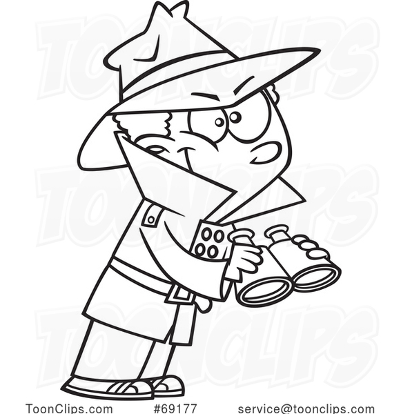 Cartoon Black and White Boy Detective Observing with Binoculars