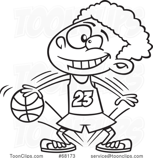 Cartoon Black and White Boy Dribbling a Basketball